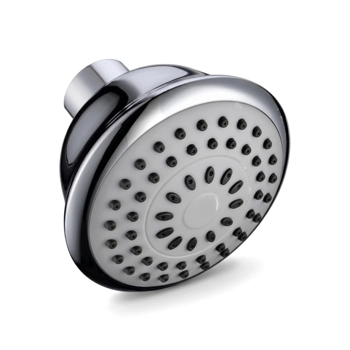 Cobra Zambezi round 85mm chrome-plated shower head with white face and black nozzles, angled view.