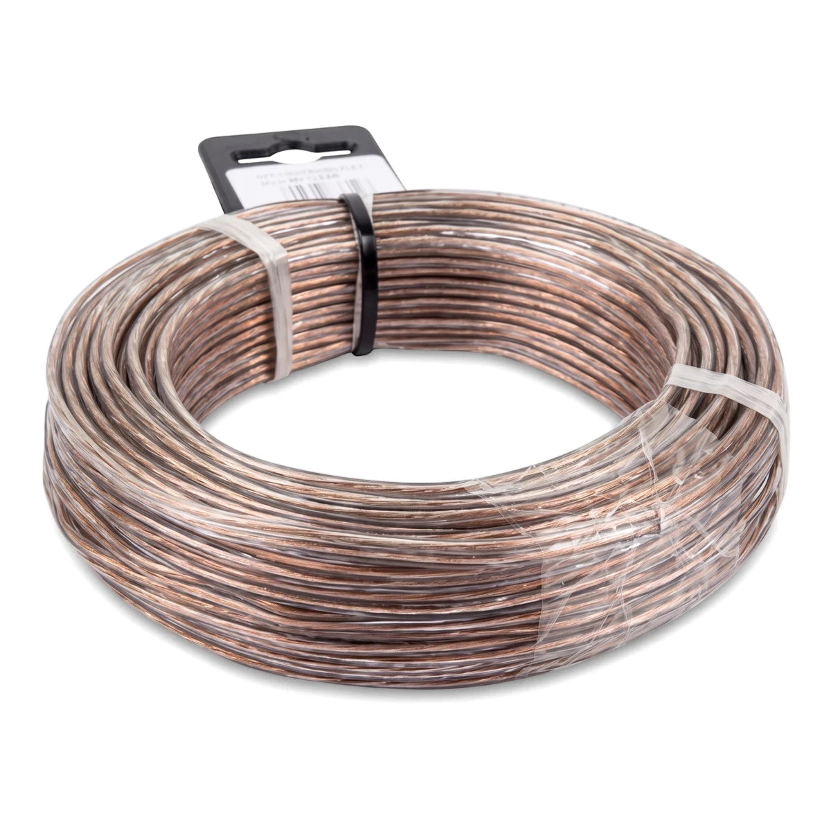 Coiled 0.5mm clear audio cable with visible copper strands and a hangtag, ready for use in electrical wiring.