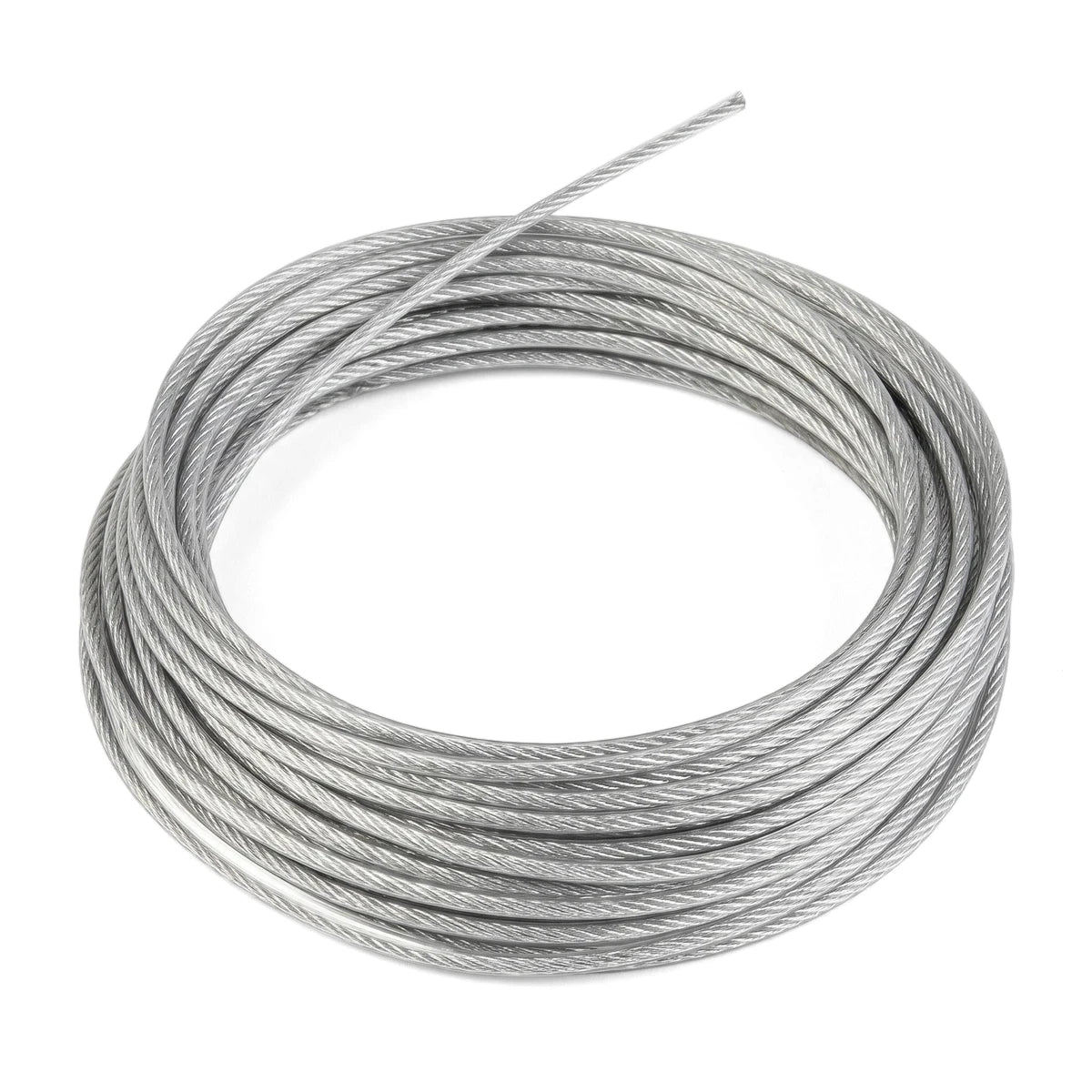 Coiled 3.0 mm clear coated steel wire rope cable, 25 meters, for various hardware and rigging applications.