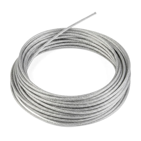 Coiled 3.0 mm clear coated steel wire rope cable, 25 meters, for various hardware and rigging applications.