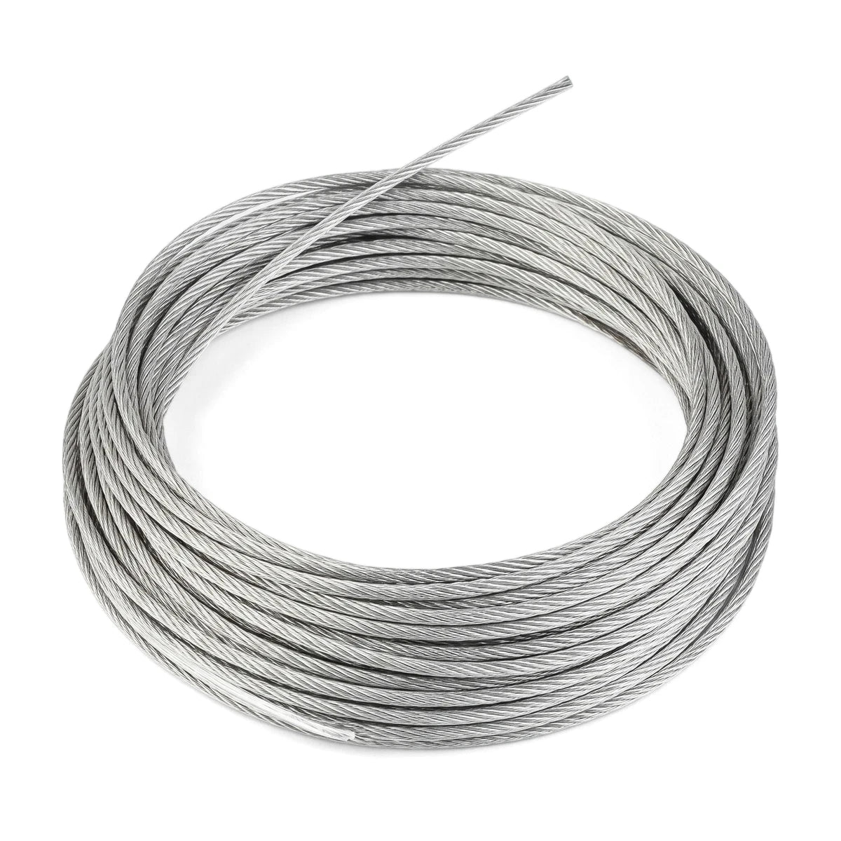 A coiled silver uncoated 1.5mm steel wire rope, suitable for various hardware and cable applications, presented on a white