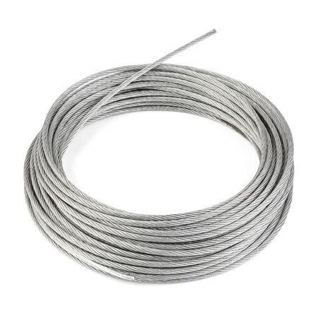 A coiled silver uncoated 1.5mm steel wire rope, suitable for various hardware and cable applications, presented on a white
