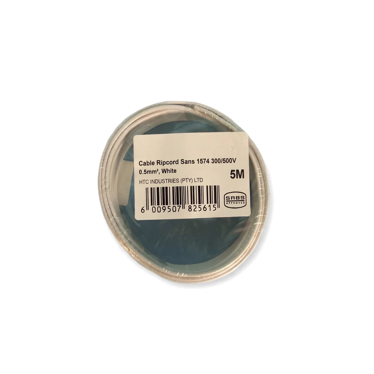 A coiled white 0.5mm electrical ripcord cable, 5 meters in length, with a visible product label, on a white background.