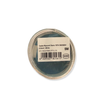 A coiled white 0.5mm electrical ripcord cable, 5 meters in length, with a visible product label, on a white background.