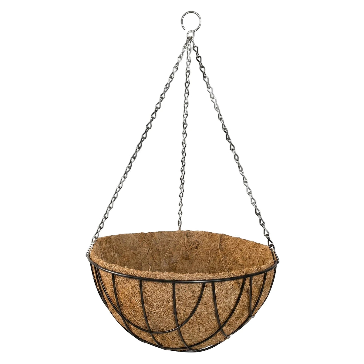 Coir Hanging Basket & Liner with natural brown coir, black metal frame, and silver chain, suspended view.