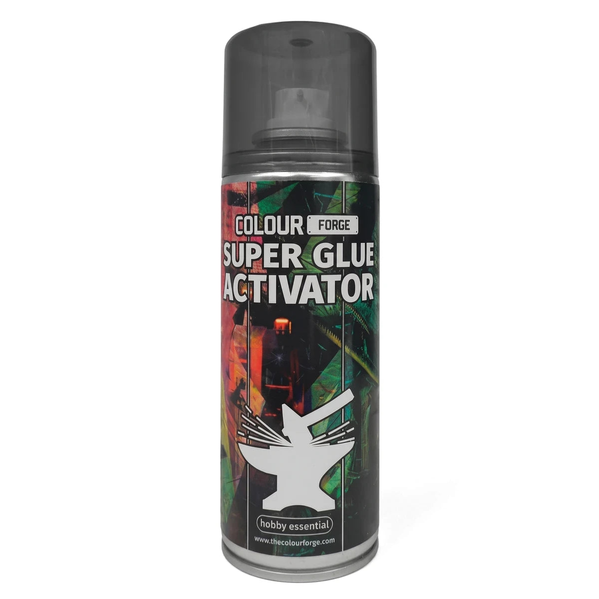 Colour Forge Super Glue Activator spray in a 200ml can, featuring a vibrant label with an anvil logo, standing vertically.