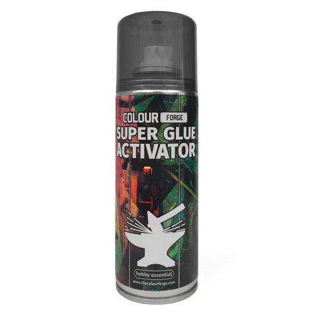 Colour Forge Super Glue Activator spray in a 200ml can, featuring a vibrant label with an anvil logo, standing vertically.