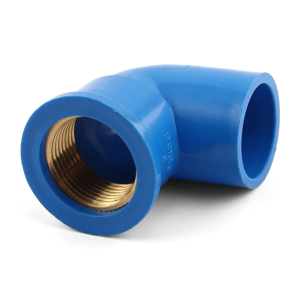Blue PVC 90-degree comb female elbow pipe fitting with a brass threaded insert, viewed from a slight angle.