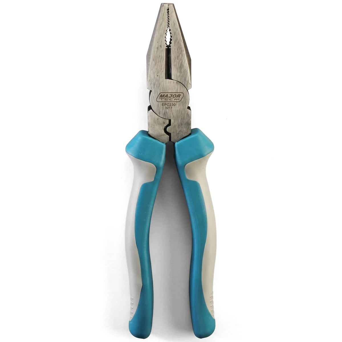 Metal combination pliers with blue and white ergonomic handles, featuring a serrated jaw, viewed vertically.