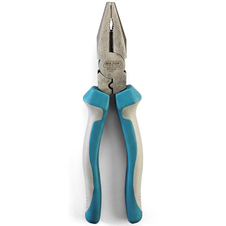 Metal combination pliers with blue and white ergonomic handles, featuring a serrated jaw, viewed vertically.