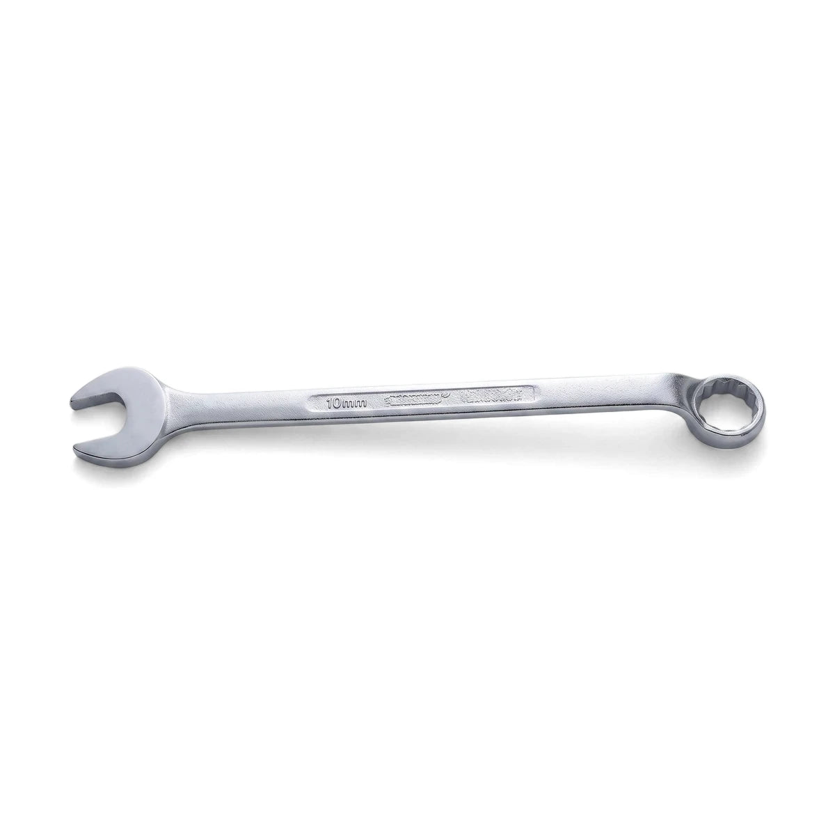 Silver 10mm combination spanner hand tool with an open end and a box end for fastening.