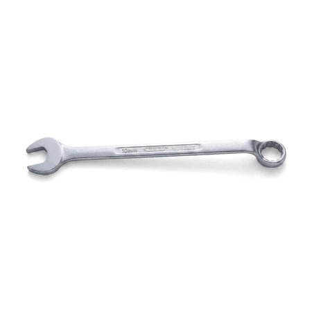 Silver 10mm combination spanner hand tool with an open end and a box end for fastening.