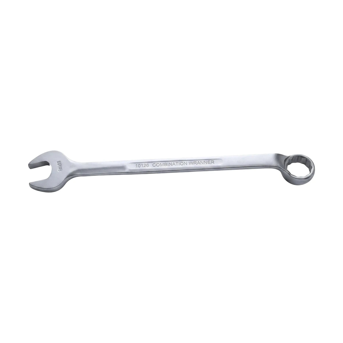 Silver metallic 19mm combination spanner with an open end and a box end, viewed from a slightly elevated angle.