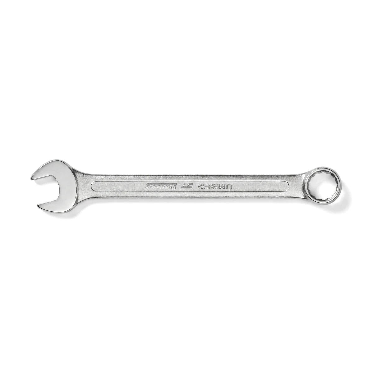 A shiny silver 32mm combination spanner wrench with an open end and a box end, viewed horizontally on a white background.