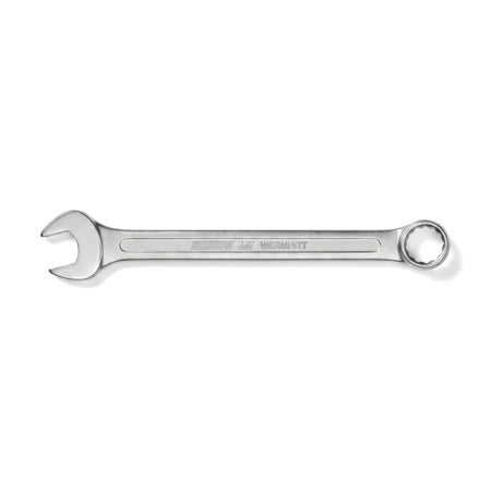 A shiny silver 32mm combination spanner wrench with an open end and a box end, viewed horizontally on a white background.