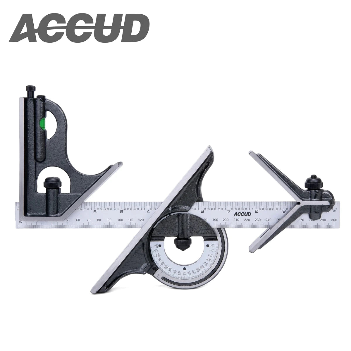 A 300mm Accud combination square set with ruler, square head, protractor head, and center head, made of black and silver