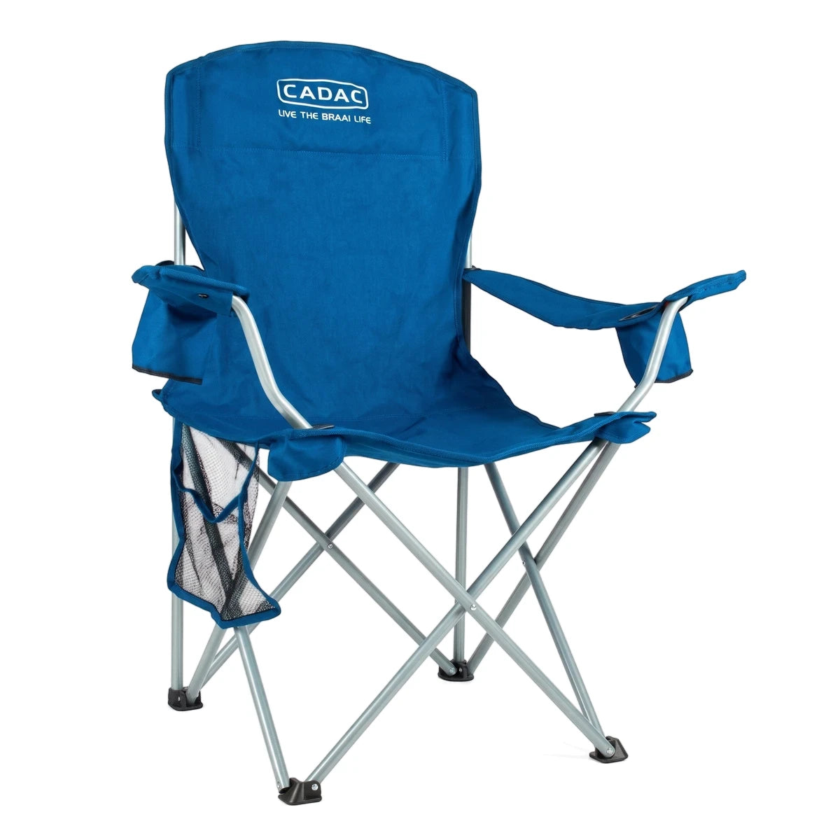 Blue Comfee Camping Chair with 'CADAC Live The Braai Life' logo, mesh pocket, and silver frame, shown at a slight angle.