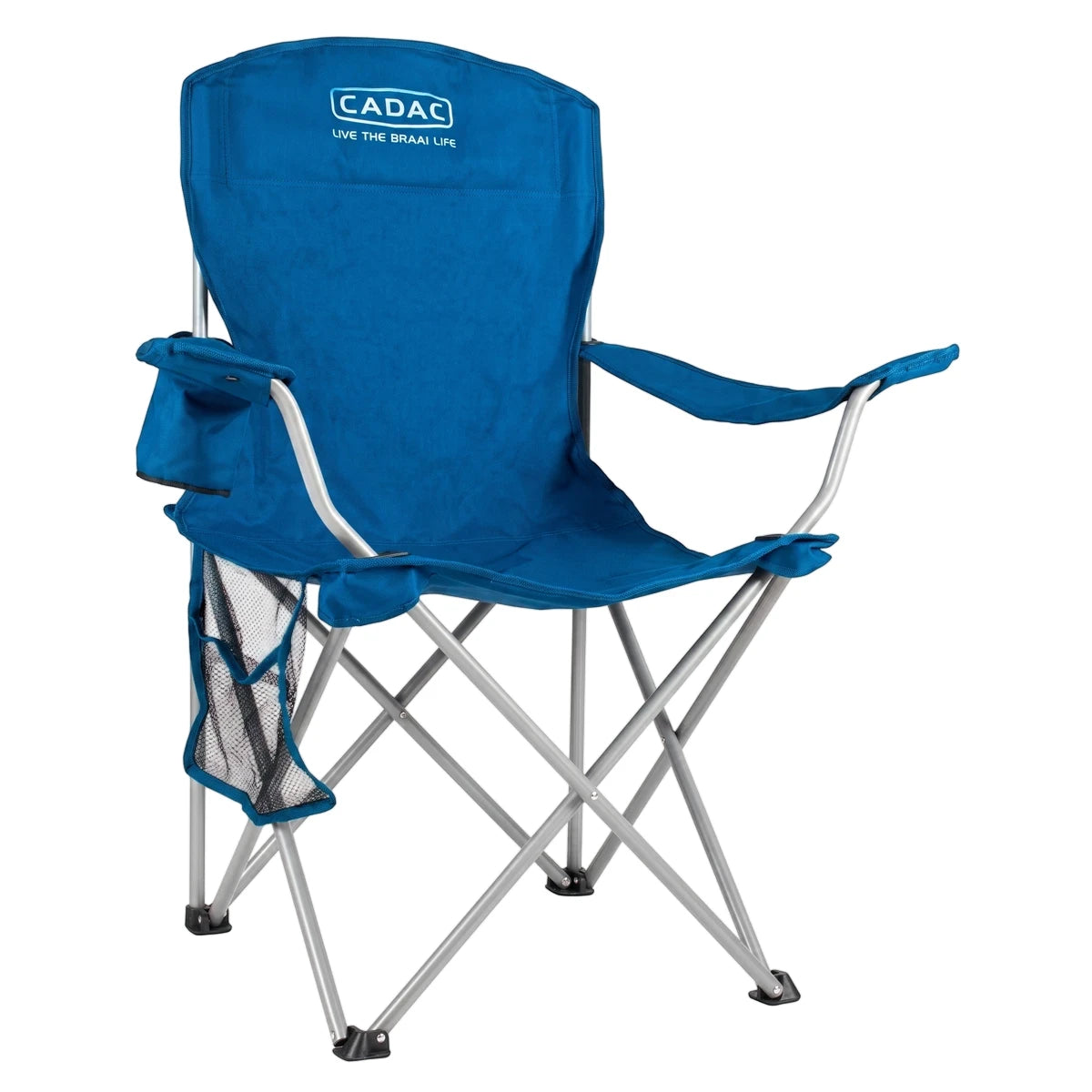 Blue Comfee folding camping chair with silver frame, armrests, mesh cup holder, and side pocket, angled view.