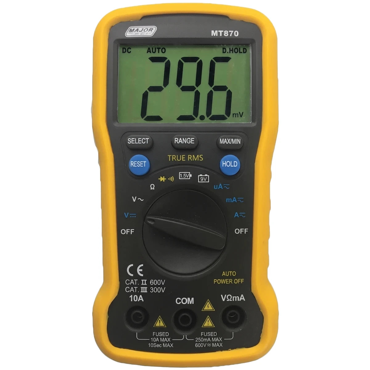 Compact Dmm Cw Battery Tester handheld digital meter with yellow case, front view showing LCD screen and dial controls