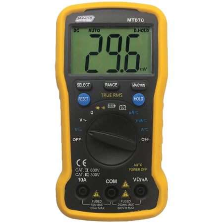 Compact Dmm Cw Battery Tester handheld digital meter with yellow case, front view showing LCD screen and dial controls