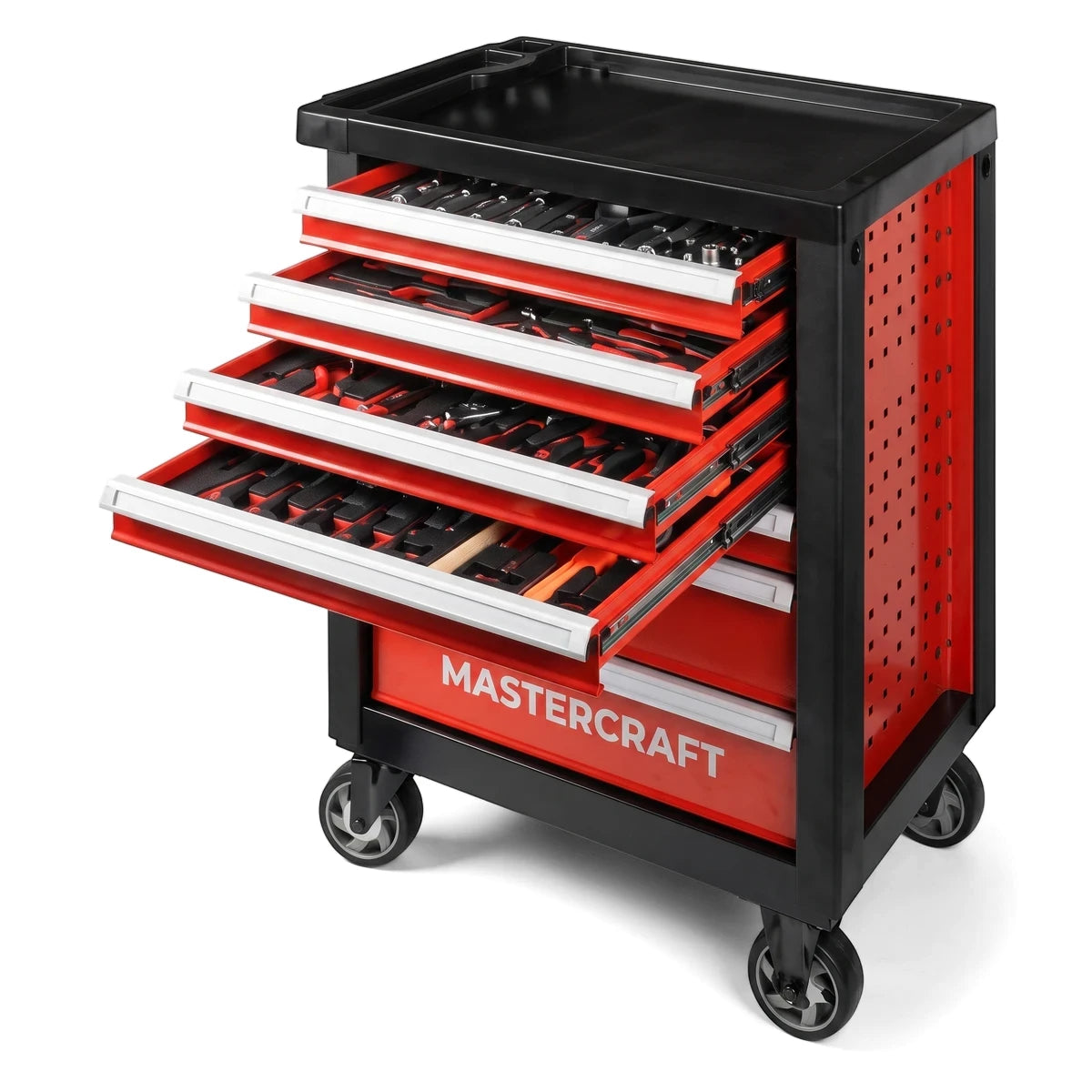 Complete 7-Drawer Tool Trolley Kit, red and black, with multiple open drawers revealing various tools on a white background.