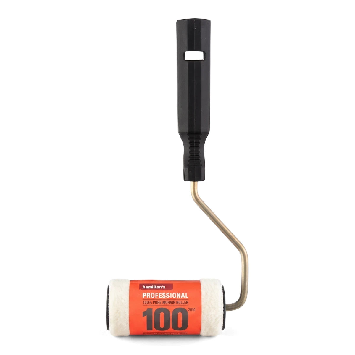 A Complete Mock Mohair Roller with a black handle and a white roller cover featuring an orange label, shown upright.