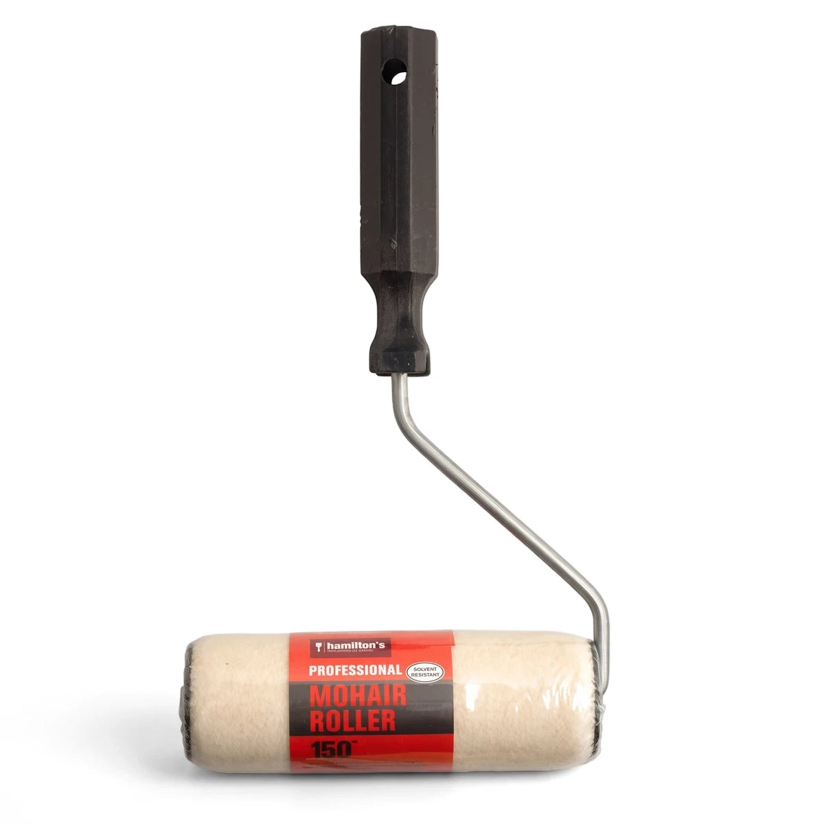 Professional 150mm mohair paint roller by Hamilton's with a black handle and a red and black product label.