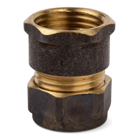 Brass Compression CXFI Coupler plumbing fitting with internal threading and a hexagonal nut, shown vertically.