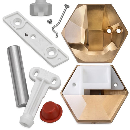 Concealed pipe door stop components featuring a brass-toned hexagonal base, white rectangular plate, silver rod, and red cap.