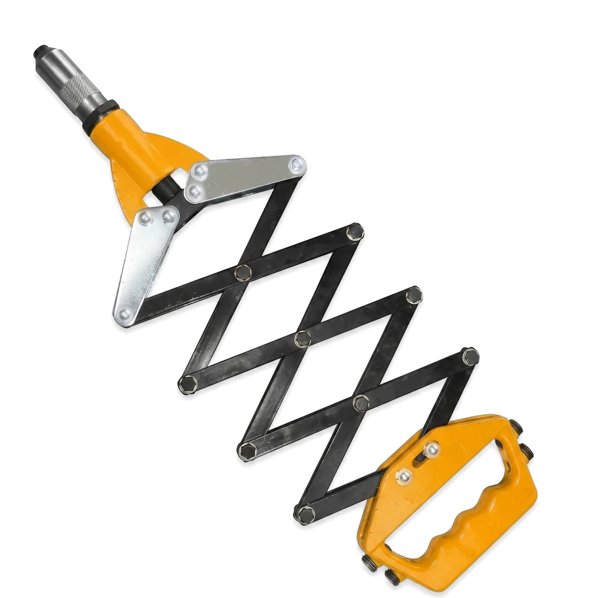 A yellow, black, and silver 815mm concertina hand riveter tool with an ergonomic handle, displayed against a white