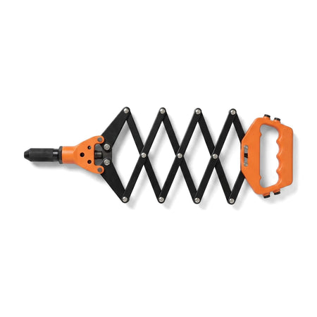 Orange and black accordion-style concertina hand riveter tool for fastening rivets.
