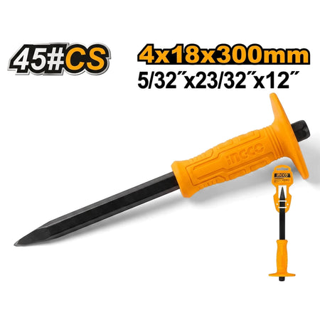 Concrete chisel with a black shaft and orange hand guard, featuring dimensions 4x18x300mm.