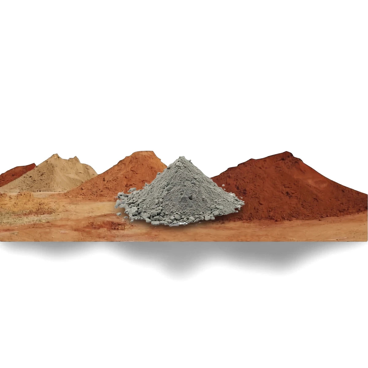 Piles of construction sands, gravel, and cement on a dirt ground, essential materials for building projects.