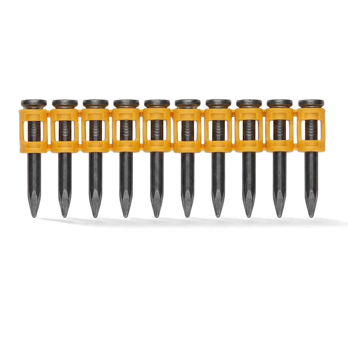 Dark gray and yellow 27mm continuous firing nails, collated in a row, for power-actuated fastening tools.