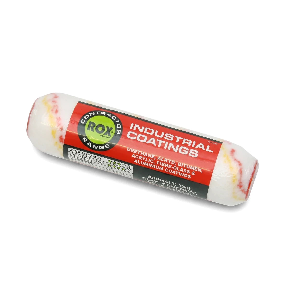 230 mm Contractor Rox Range industrial coatings paint roller, white with red and yellow flecks, for various surfaces.