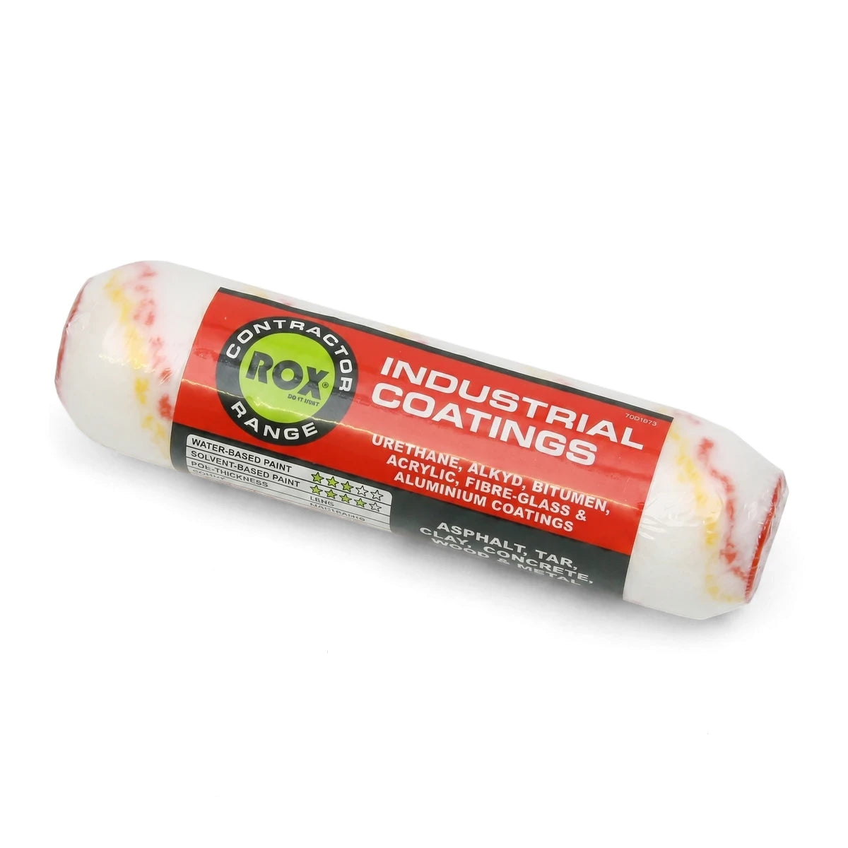 Contr Industrial Coatings 230 mm paint roller, white with red and yellow flecks and a red brand label.