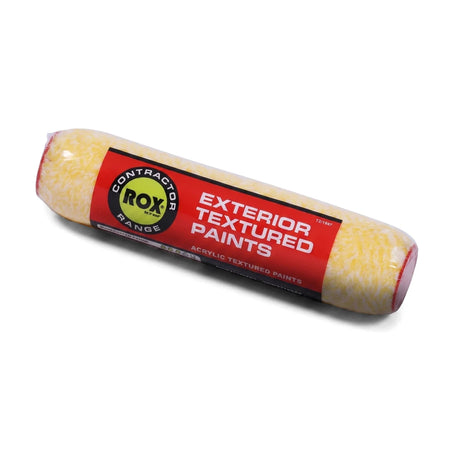 A contractor-grade yellow and white textured paint roller with a red label for exterior textured acrylic paints, angled for