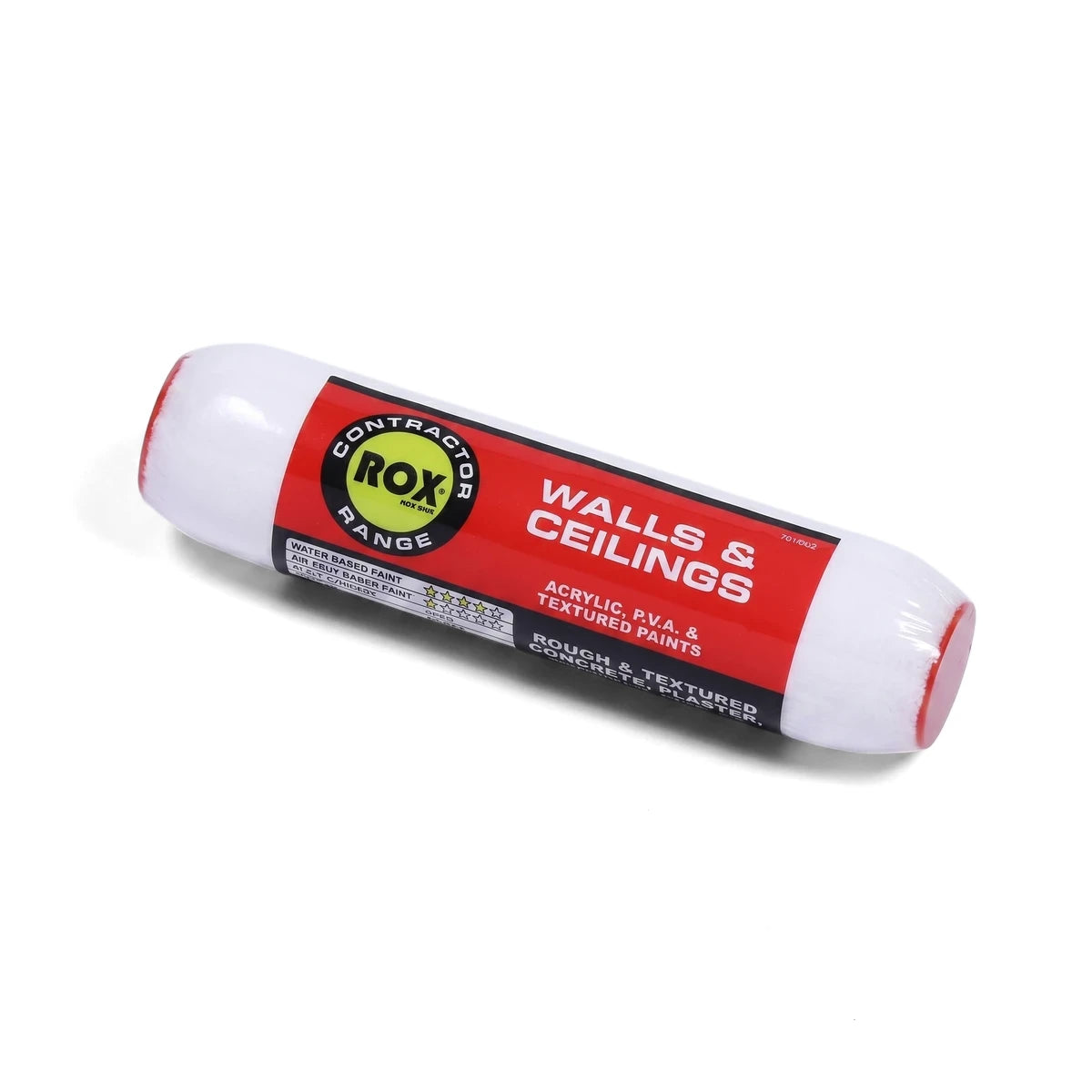 White paint roller with red label for walls and ceilings, suitable for acrylic, PVA, and textured paints, 230mm size.