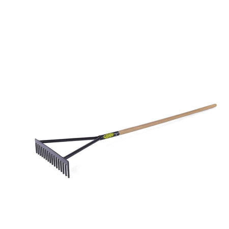 A Contractor' 16T road rake with a black metal head and 16 tines, featuring a long wooden handle, is displayed angled on a