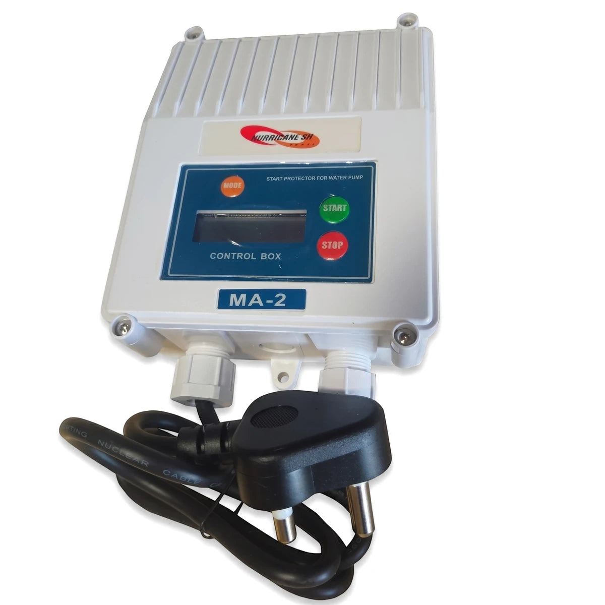 White control box for 0.55Kw (0.75Hp) borehole pump, featuring a digital display, start/stop buttons, and a black power plug.