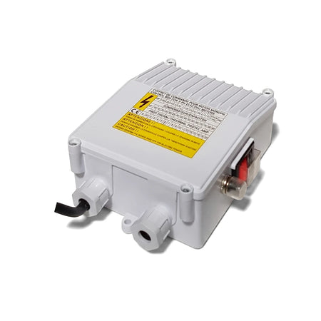 White 220V control box for 0.75Kw (1Hp) borehole pump, featuring warning labels and cable glands.