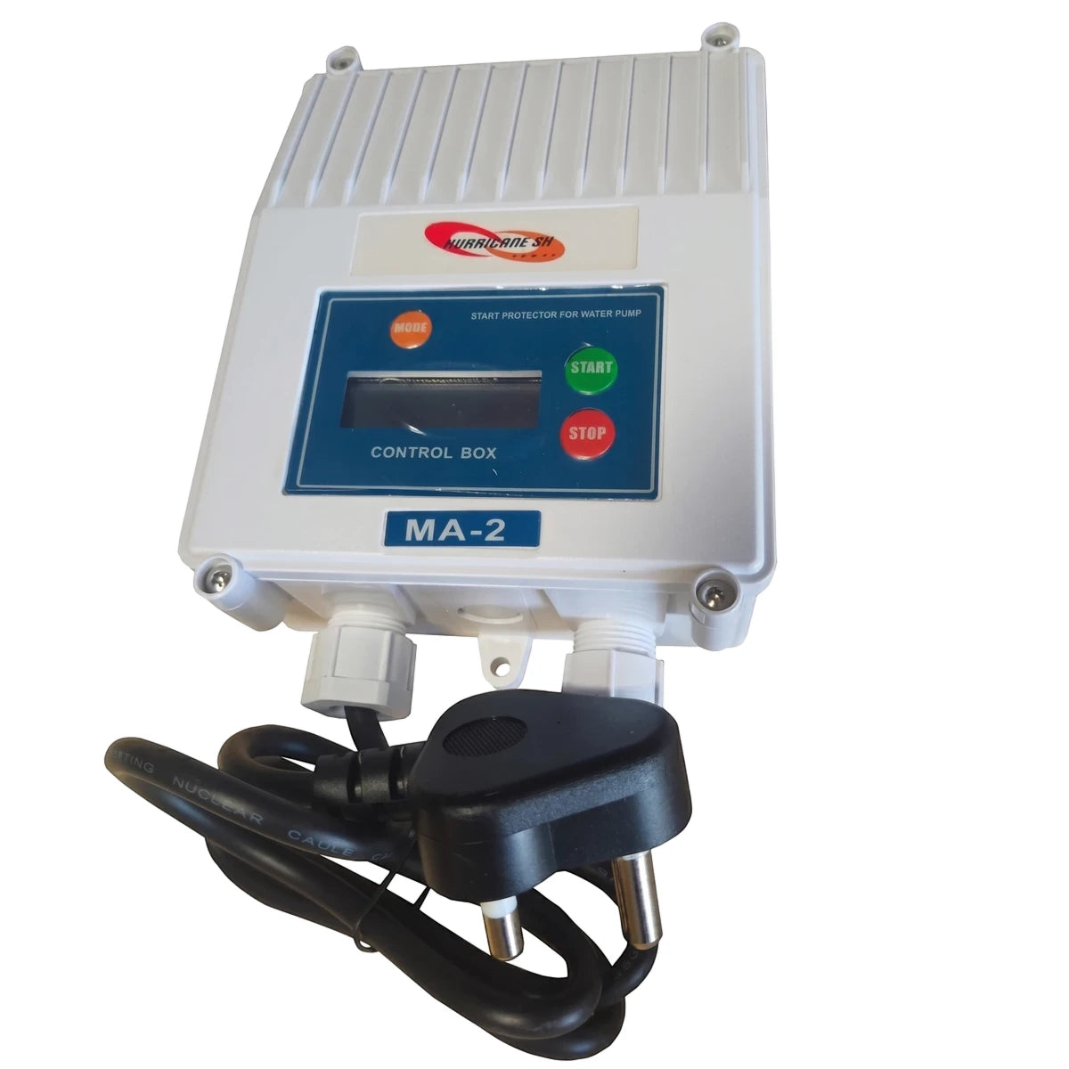White control box for 0.37Kw (0.5Hp) borehole pump with digital display, start/stop buttons, and a black power cord with