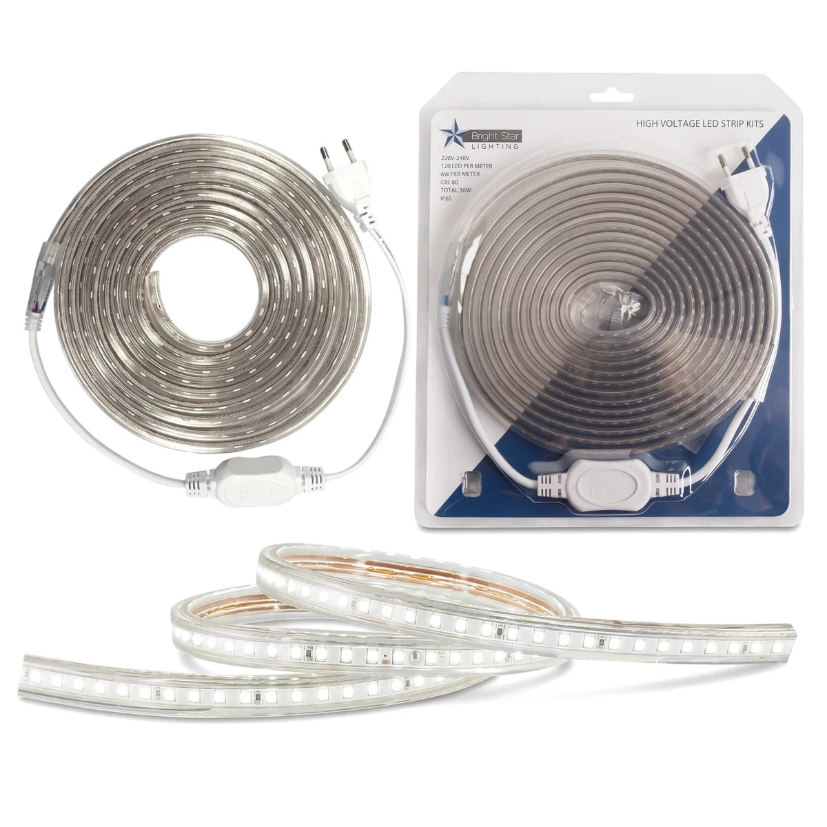 Cool White LED Strip Light IP65 4000K, 5-meter length, shown both coiled and in its blister packaging.
