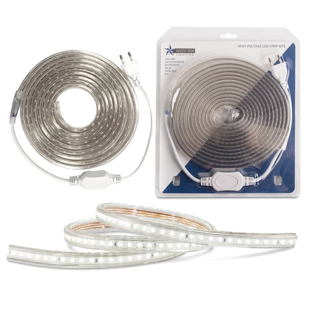 Cool White LED Strip Light IP65 4000K, 5-meter length, shown both coiled and in its blister packaging.