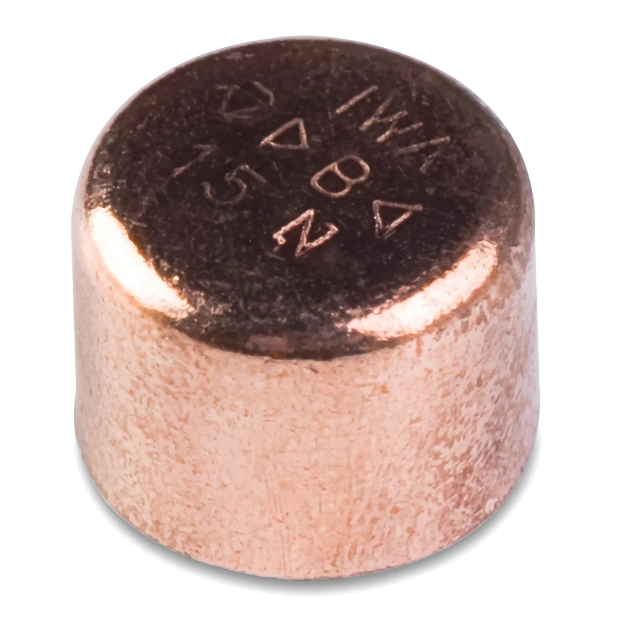 A close-up view of a shiny copper 15mm stopend plumbing fitting, featuring clear technical markings inscribed on its flat