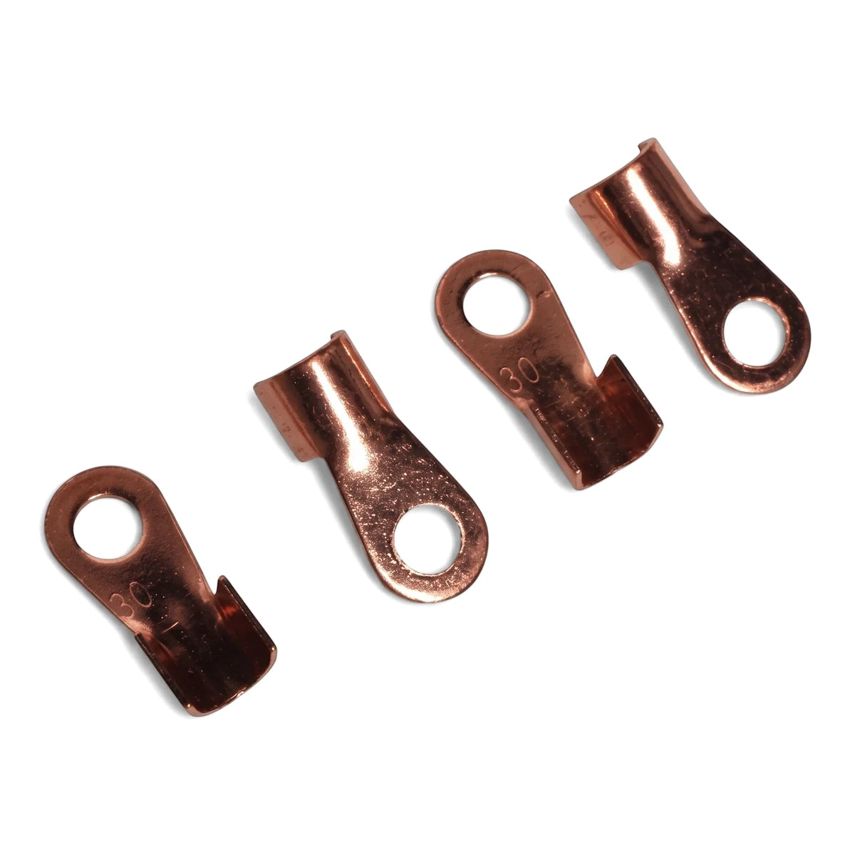 Four copper 35mm cable lugs, designed as ring terminals, are arranged diagonally against a white background.