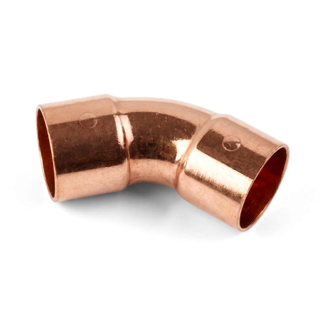 Shiny copper 45-degree CXC 2 piece elbow pipe fitting with a distinct angled shape and open ends.