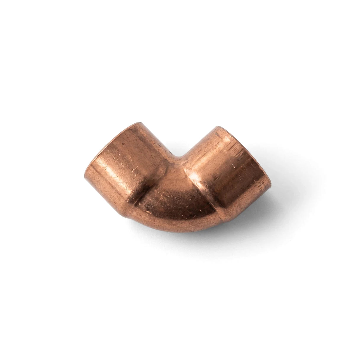 Copper 45 Degrees CXC Elbow plumbing fitting for connecting pipes, shown in a metallic finish with a 90-degree bend.