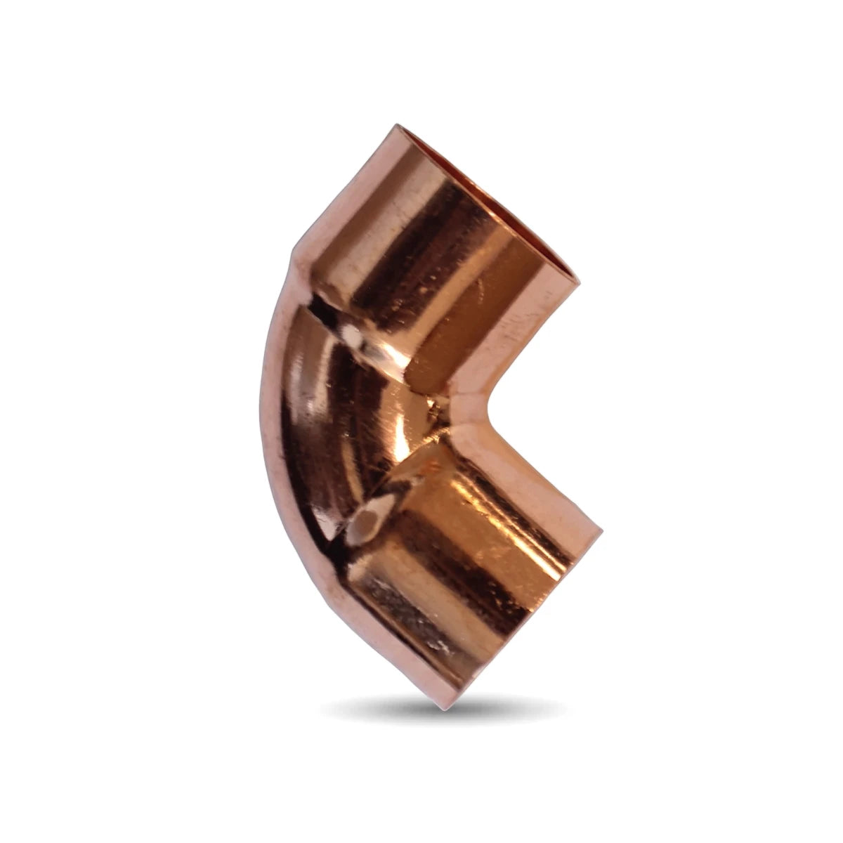 Copper 90 Degrees CXC 15mm elbow pipe fitting, shiny and metallic, for plumbing applications, viewed at an angle.