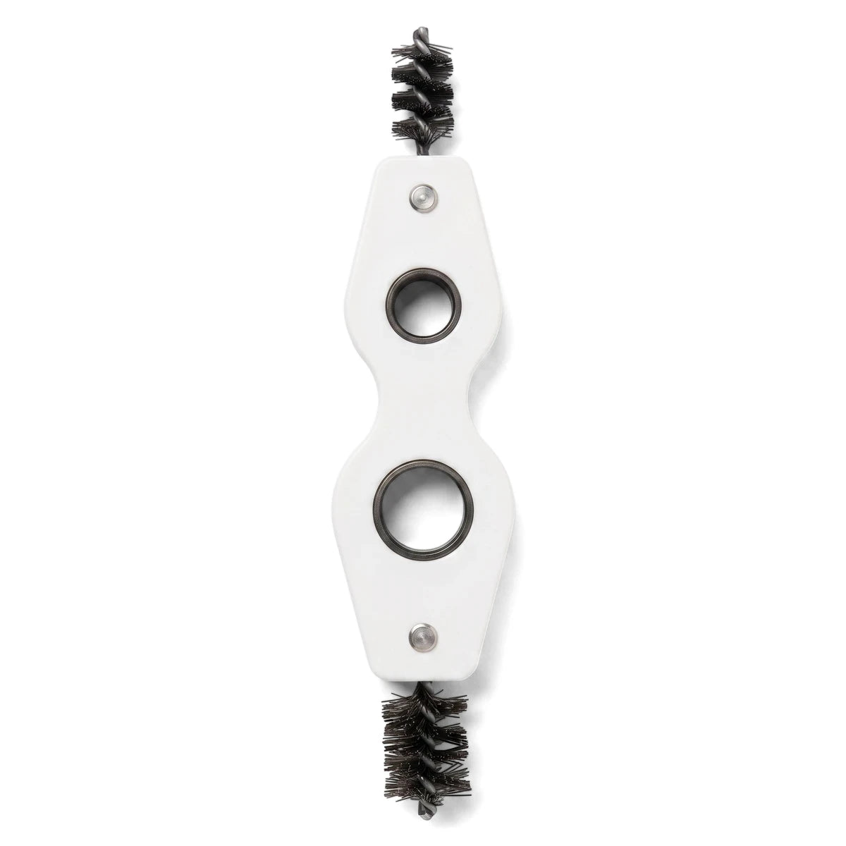 Double-ended copper tube cleaning brush with a white ergonomic handle and black bristles.